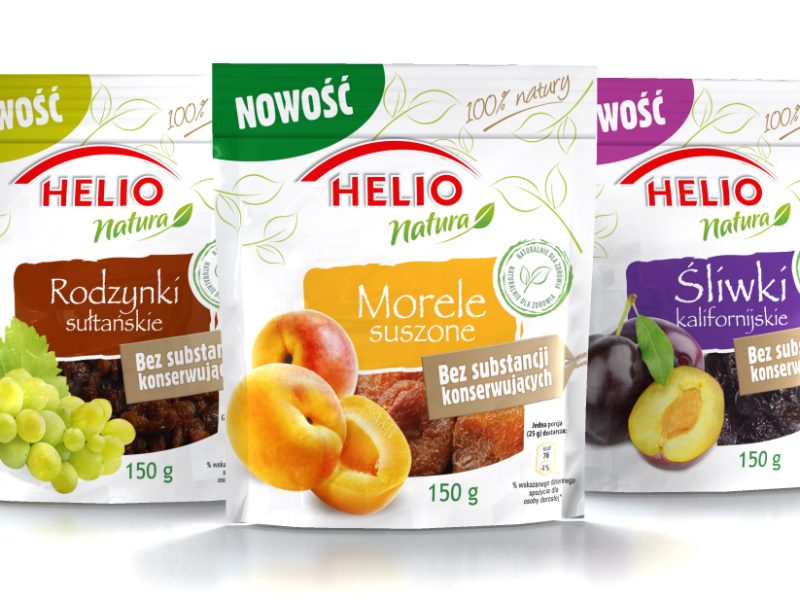 Seria HELIO Natura - owoce suszone. Projekt graficzny i opracowanie.
